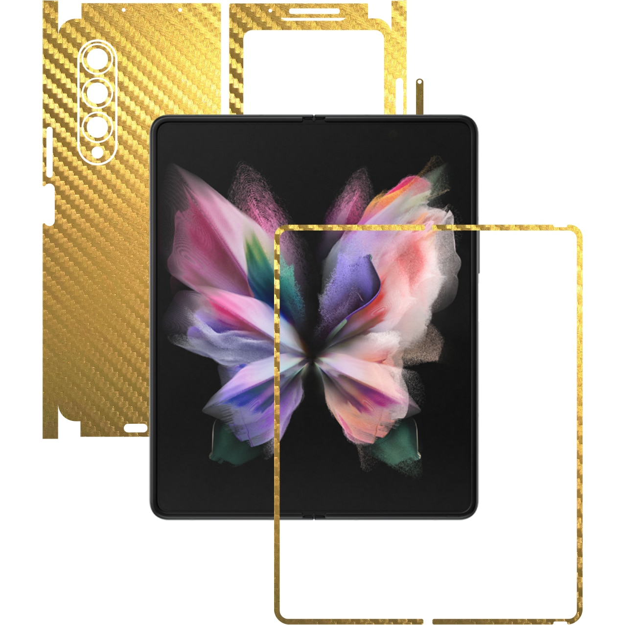 Folie Protectie Carbon Skinz pentru Samsung Galaxy Z Fold3 5G - Carbon Auriu 360 Cut, Skin Adeziv Full Body Cover pentru Rama Ecran, Carcasa Spate si Laterale