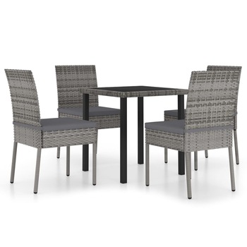 Set masa de gradina cu blat din sticla cu 4 scaune cu perne incluse, vidaXL, Poliratan, 70 x 70 x 73 cm, Gri Set masa de gradina cu blat din sticla cu 4 scaune cu perne incluse, vidaXL, Poliratan, 70 x 70 x 73 cm, Gri