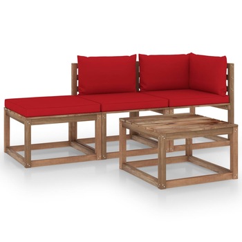 Set mobilier de gradina cu 2 canapele si 2 mese/taburet cu perne incluse vidaXL, Lemn, Maro/Rosu