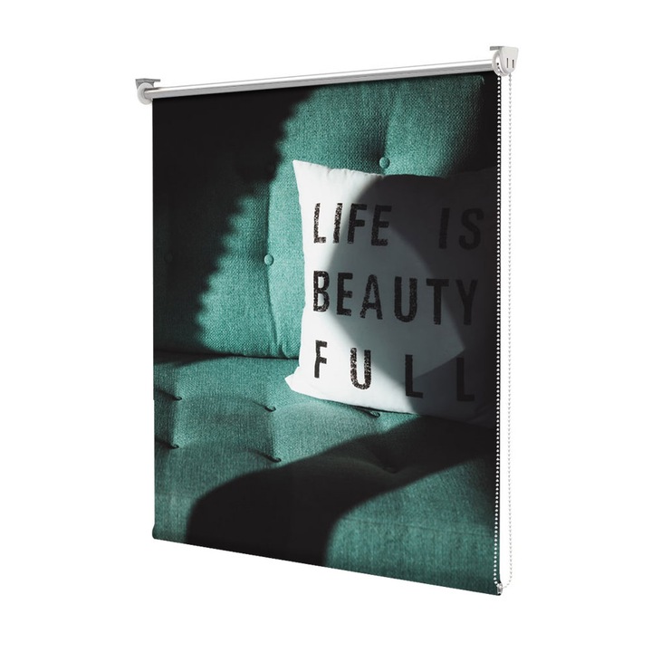 Roleta Art Shade tip Jaluzea cu Rulou si sistem inclus, Art Star, Life is beautifful pillow, Mesaje, Decoratiuni, Latime 80 cm x Inaltime 130 cm