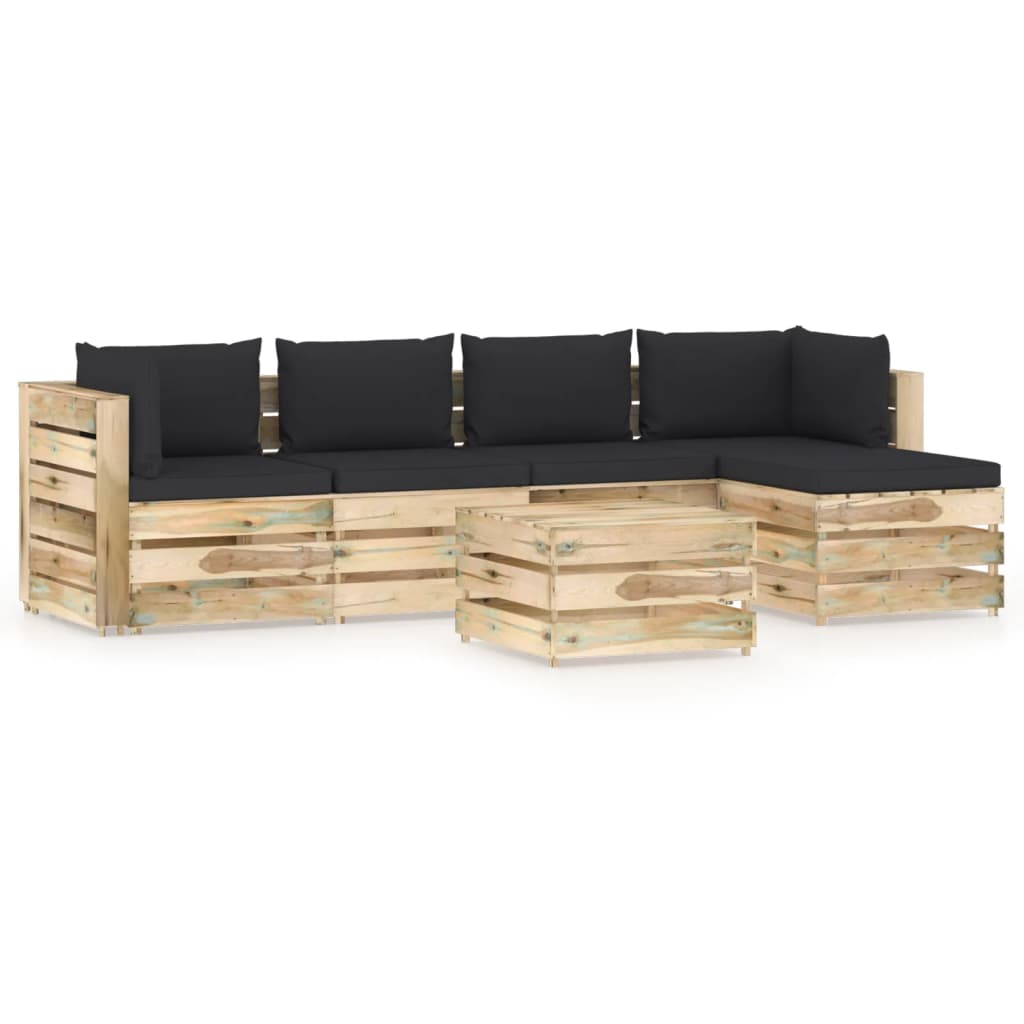 Set mobilier gradina 6 piese canapea L cu taburet/masuta cu perne, vidaXL, Lemn de pin, Maro/Perne negru