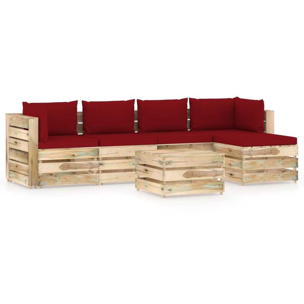 Set mobilier gradina 6 piese canapea L cu taburet/masuta cu perne, vidaXL, Lemn de pin, Maro/Perne rosu bordo
