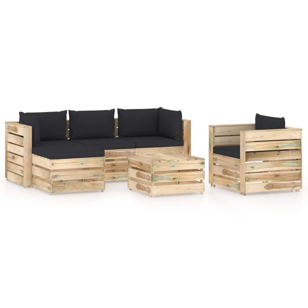 Set mobilier gradina 6 piese canapea L cu taburet si masuta cafea, vidaXL, Lemn de pin verde tratat, Maro-Perne negru