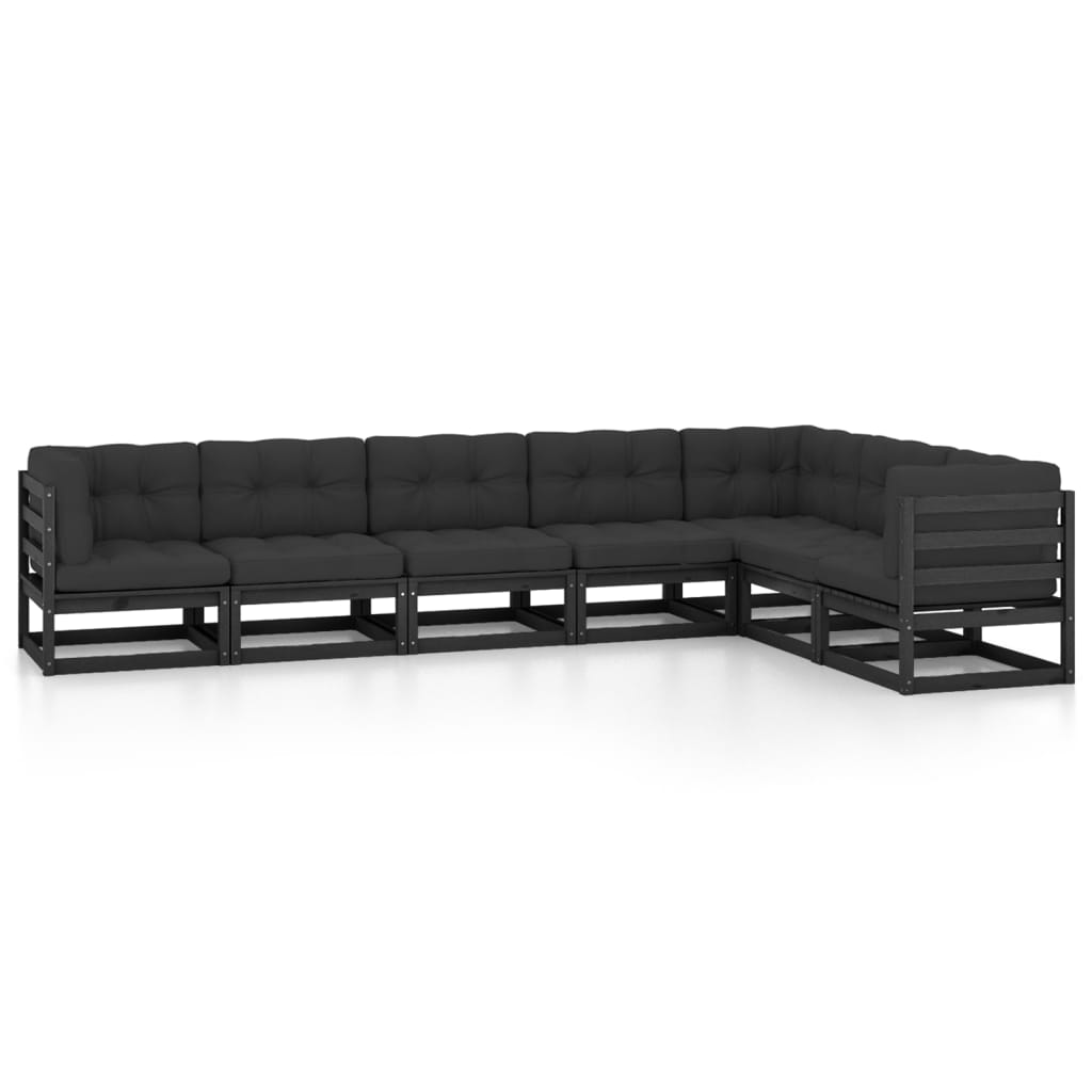 Set mobilier gradina cu perne, 7 piese, negru, lemn masiv pin