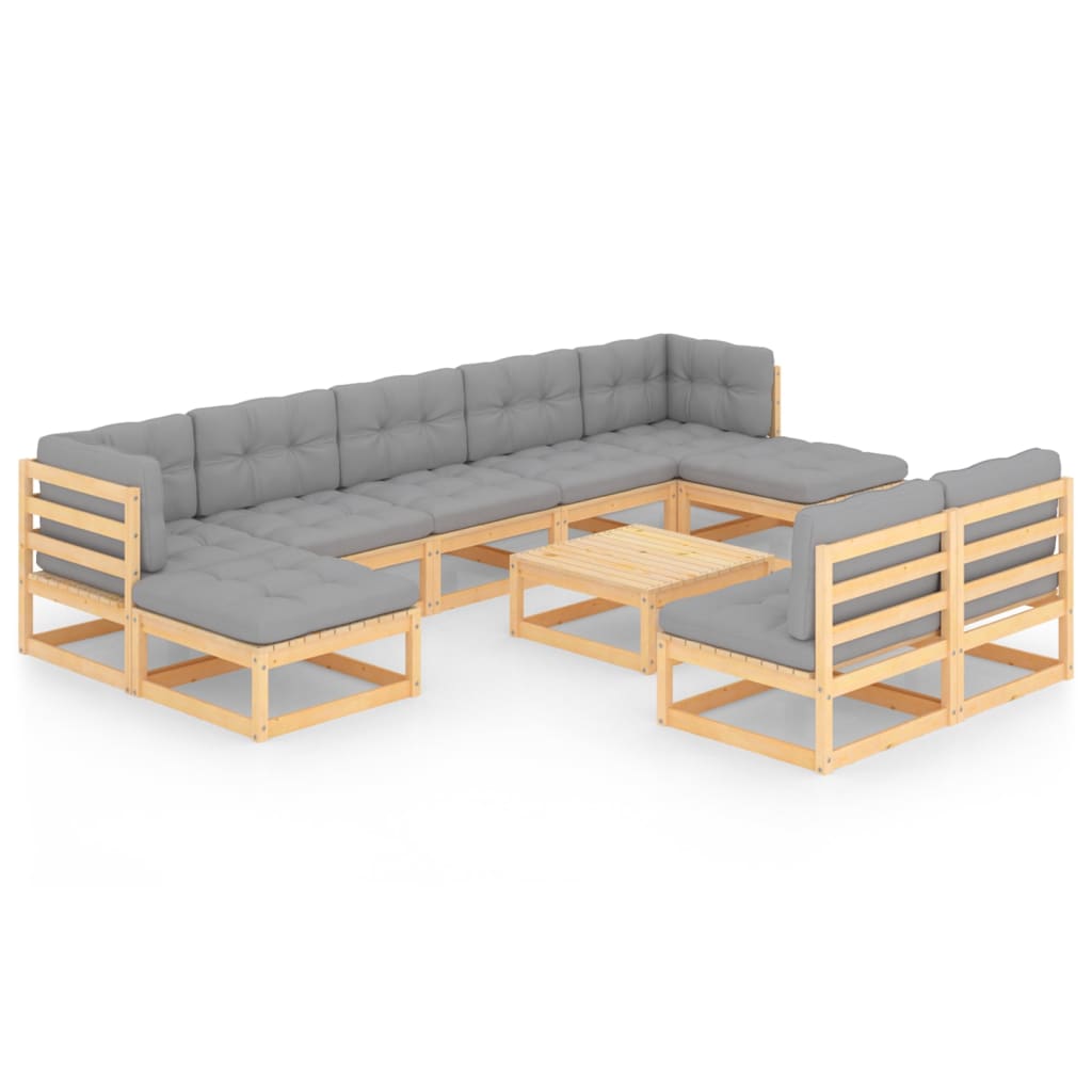 Set mobilier de gradina cu 2 canapele de colt, 5 canapele de mijloc, 2 tabureti cu perne si 1 masa vidaXL, Lemn, Maro/Gri deschis
