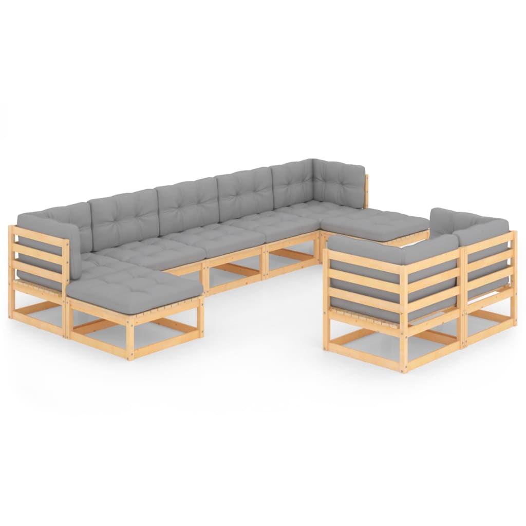 Set mobilier de gradina cu 4 canapele de colt, 3 canapele de mijloc si 2 tabureti cu perne vidaXL, Lemn, Maro/Gri deschis