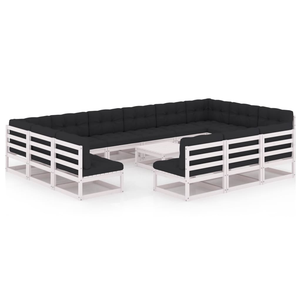 Set mobilier de gradina cu 11 canapele de mijloc, 2 canapele de colt cu perne si 1 masa vidaXL, Lemn, Alb/Antracit