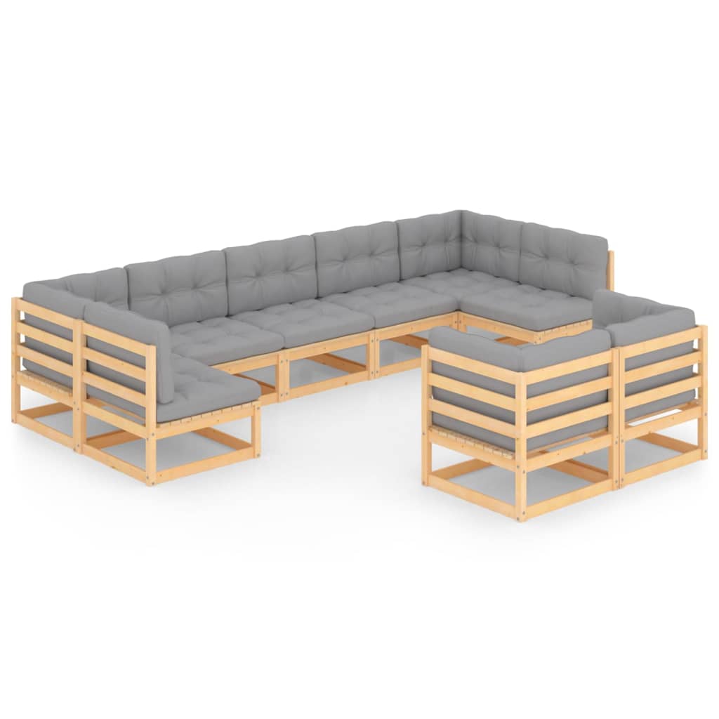 Set mobilier de gradina cu 5 canapele de mijloc si 4 canapele de colt cu perne vidaXL, Lemn, Maro/Gri deschis