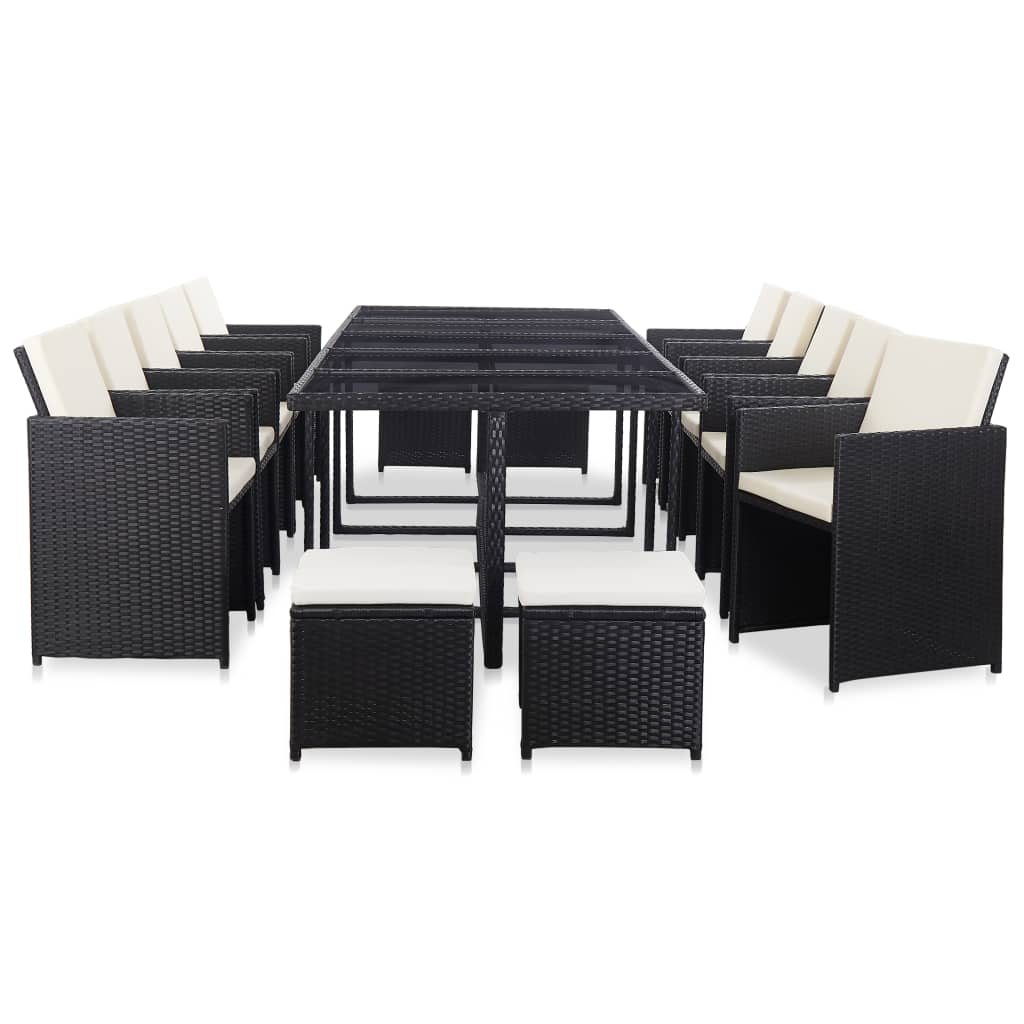 Set mobilier de gradina cu perne din 15 piese vidaXL, Poliratan, 282 x 109 x 74 cm, Negru/Crem