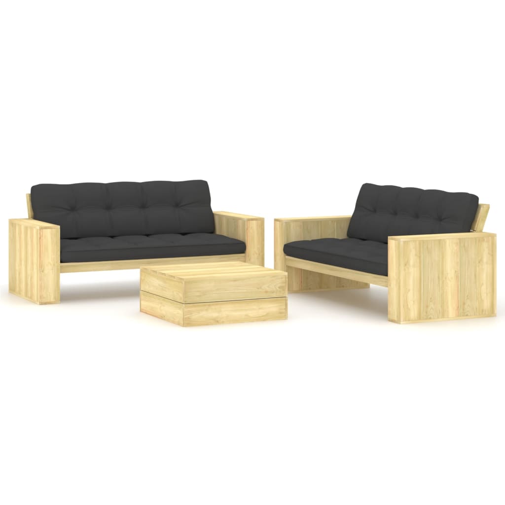 Set mobilier de gradina cu perne, 3 piese, lemn de pin tratat