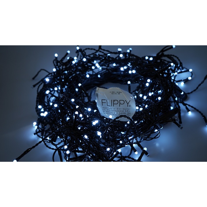 Instalatie Craciun Profesionala de Exterior IP65, 25 m, 600 Led-uri Mari, Franjuri, Alb rece, Flash, Alimentator, Interconectabila, Fir Negru Cauciucat, 220v, Southern Sky