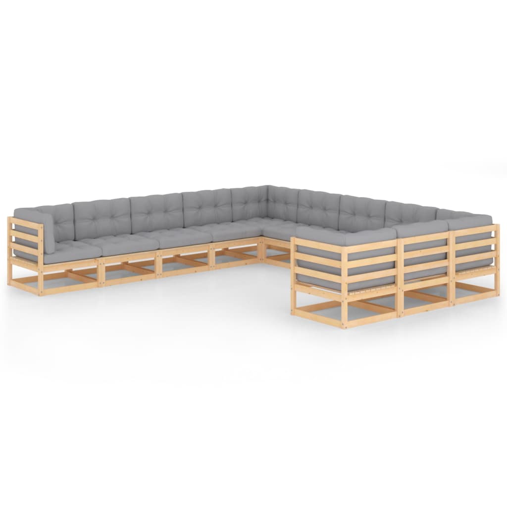 Set mobilier de gradina cu 7 canapele de mijloc si 4 canapele de colt cu perne vidaXL, Lemn, Maro/Gri deschis