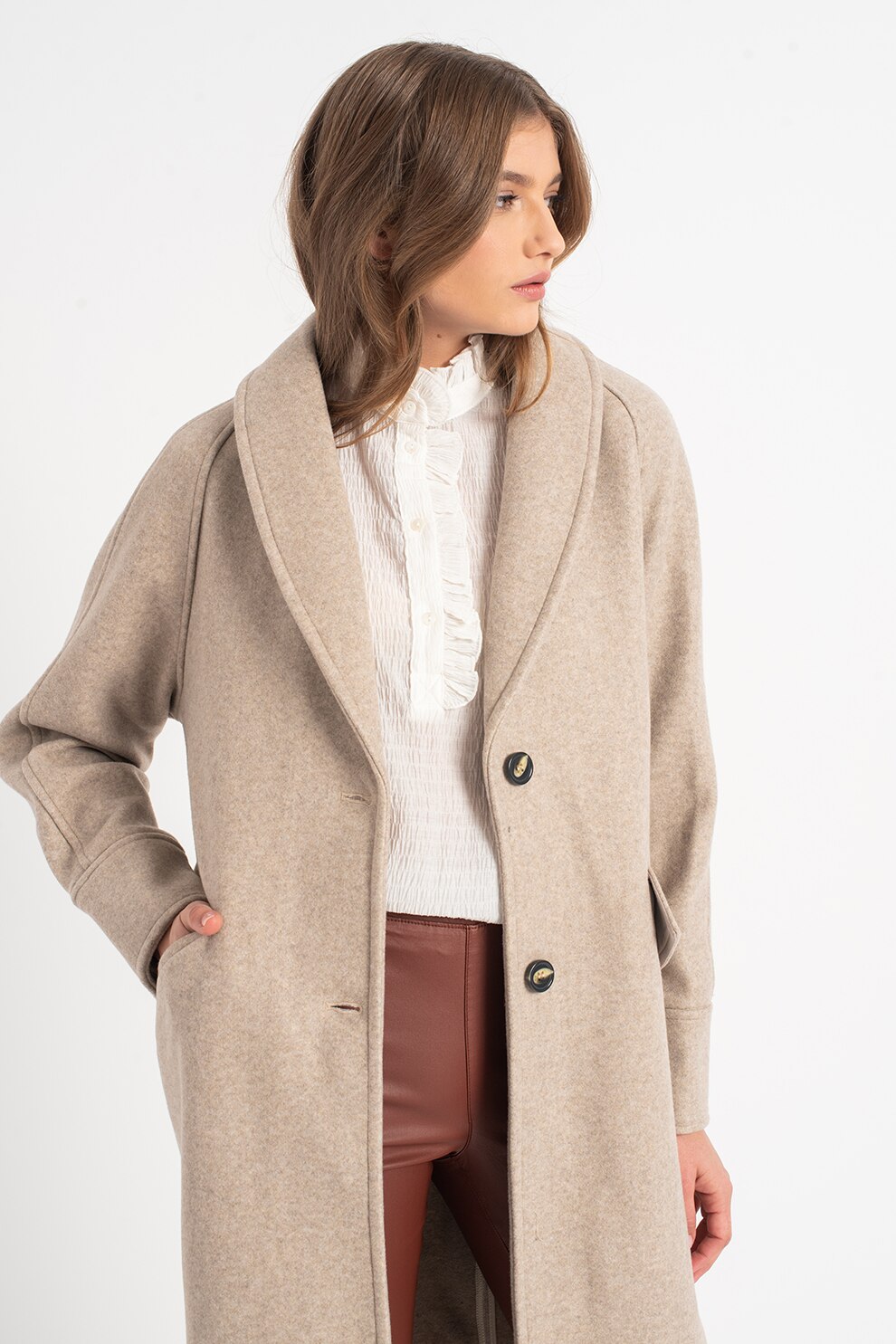 ICHI, Palton lung cu buzunare cu clapa Nenfys, Maro nisip