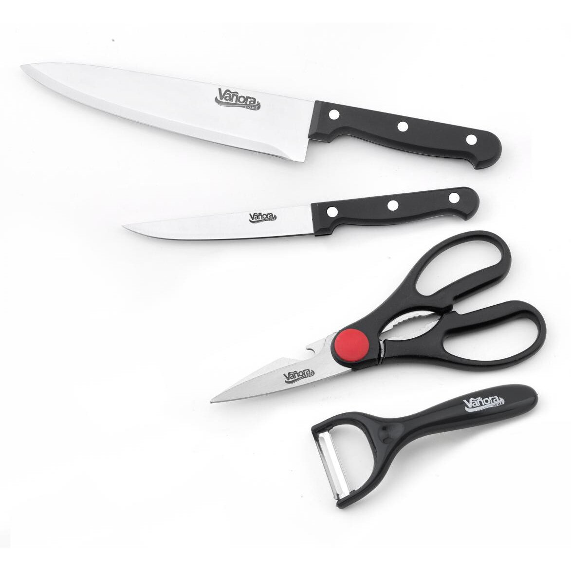Set pentru bucatarie format din 4 piese, lama inox, maner bachelita cu 3 nituri, Negru/Argintiu