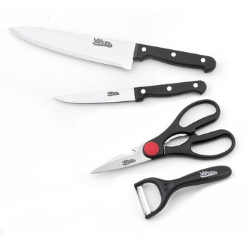 Set pentru bucatarie format din 4 piese, lama inox, maner bachelita cu 3 nituri, Negru/Argintiu Set pentru bucatarie format din 4 piese, lama inox, maner bachelita cu 3 nituri, Negru/Argintiu