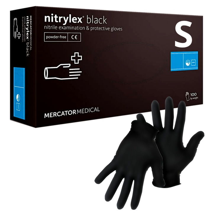 Manusi Nitril de Unica Folosinta, Nepudrate, Marime S, Cutie 100 bucati, Rezistente, Culoare Negru