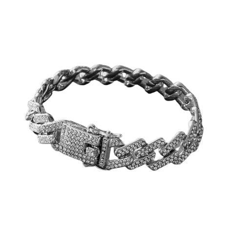 Bratara Cuban Chain link, design cubic, pietre zirconiu, placata cu aur 18K, 20 cm, argintiu
