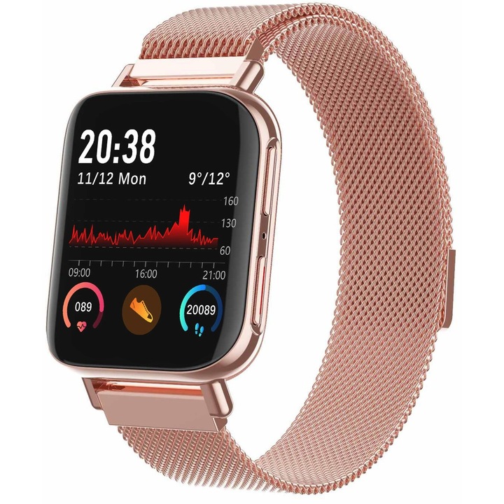 Часовник SmartWatch ISP LikeSmart MultiFiT, 1,54" FULL RETINA Display, Bluetooth повикване, Извит екран, Известия за повиквания / социални мрежи, Мониторинг на сърдечната честота / кръвното налягане, Metal Gold