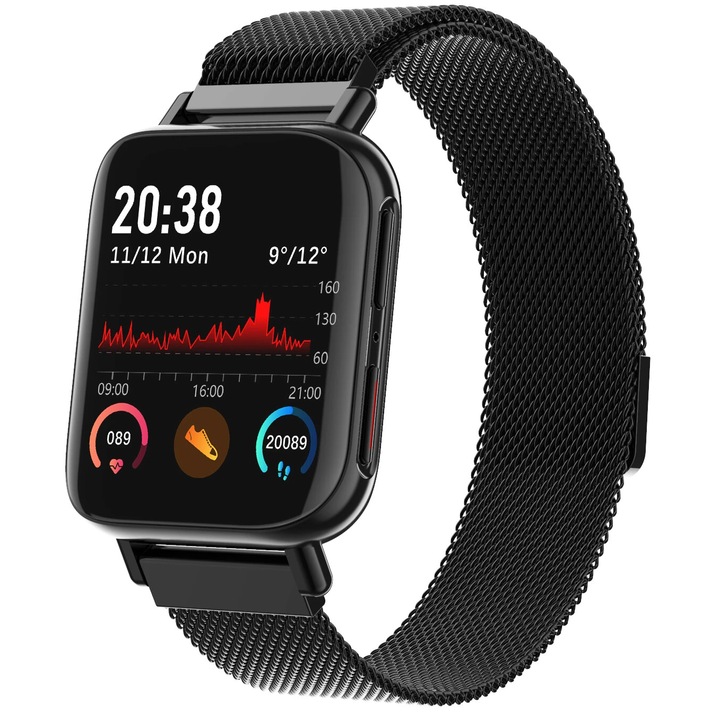 SmartWatch ISP LikeSmart™ MultiFiT, 1,54" FULL RETINA дисплей, Bluetooth повикване, извит екран, известия за повиквания и социални мрежи, Мониторинг на сърдечната честота и кръвното налягане, метално черно