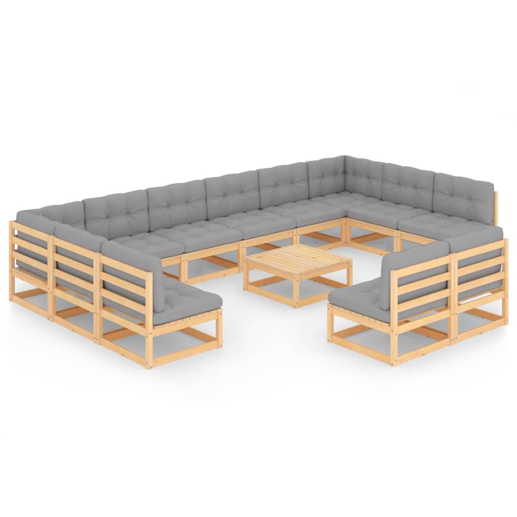 Set mobilier de gradina cu 10 canapele de mijloc, 2 canapele de colt cu perne si 1 masa vidaXL, Lemn, Maro/Gri deschis
