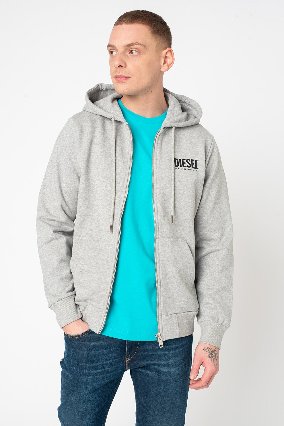 Diesel, Hanorac cu fermoar si logo Girk, Gri inchis melange