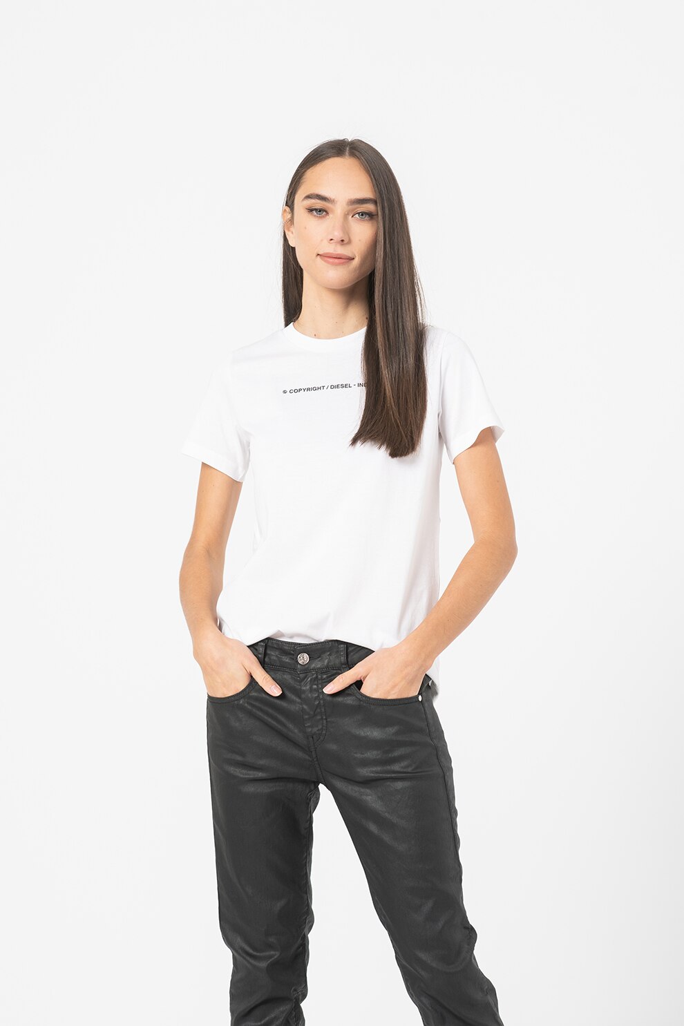 Diesel, Tricou de bumbac cu logo Sily, Alb/Negru