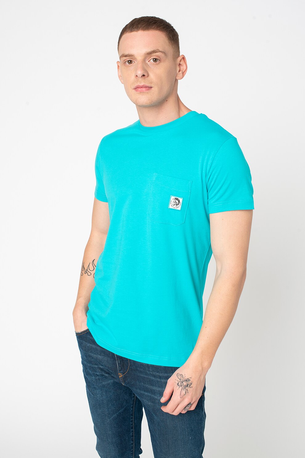 Diesel, Tricou de bumbac cu buzunar pe piept Worky, Turcoaz
