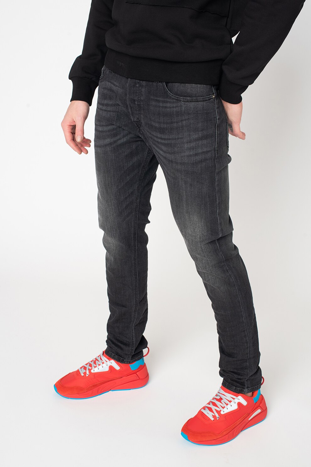 Diesel, Blugi slim fit cu aspect decolorat Luster, Negru, W34-L32