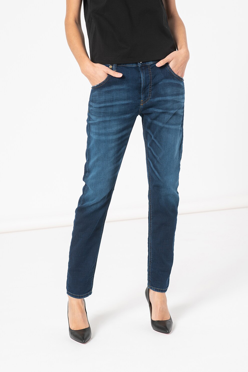 Diesel, Blugi slim fit cu aspect decolorat, Albastru inchis