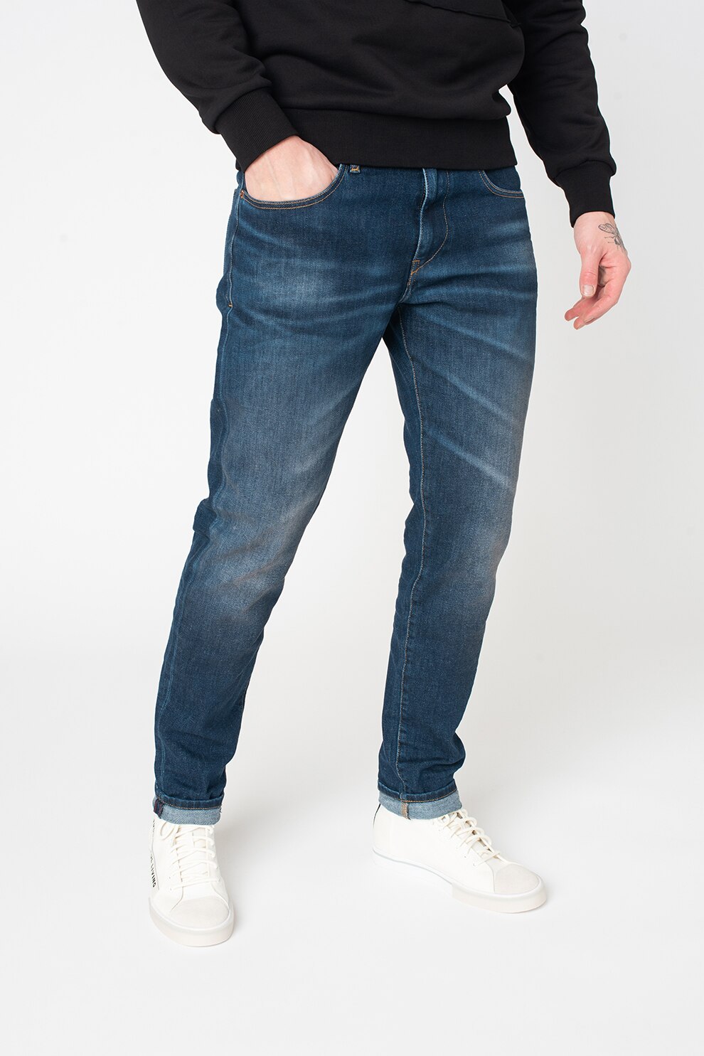 Diesel, Blugi slim fit cy aspect decolorat Strukt, Albastru inchis, W33-L32