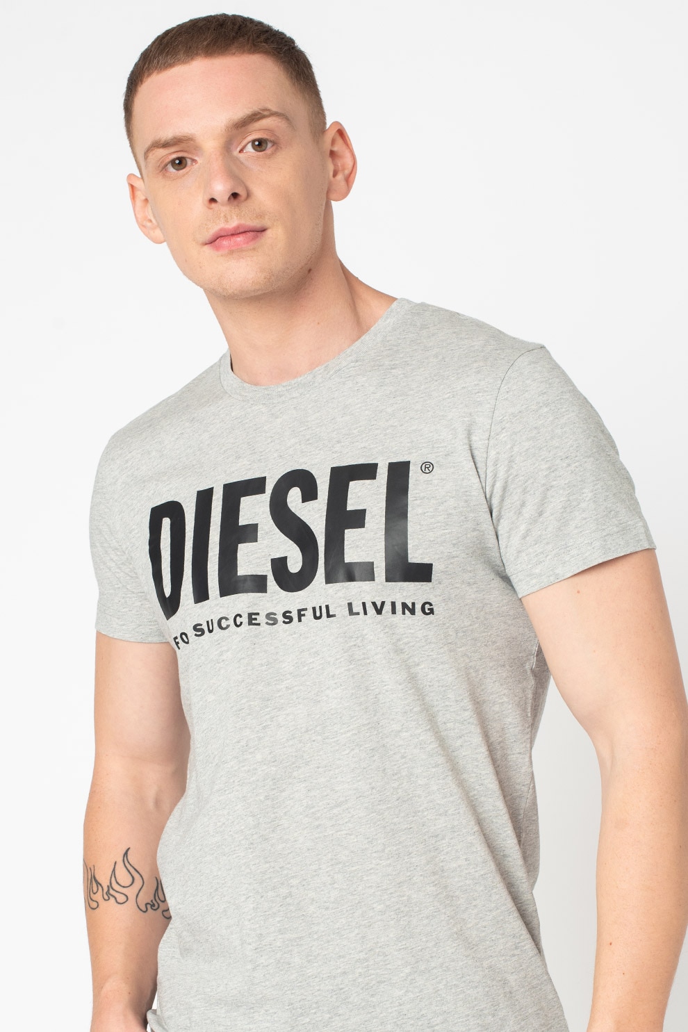Diesel, Tricou cu decolteu la baza gatului si imprimeu logo contrastant T-Diego, Gri inchis melange/Negru