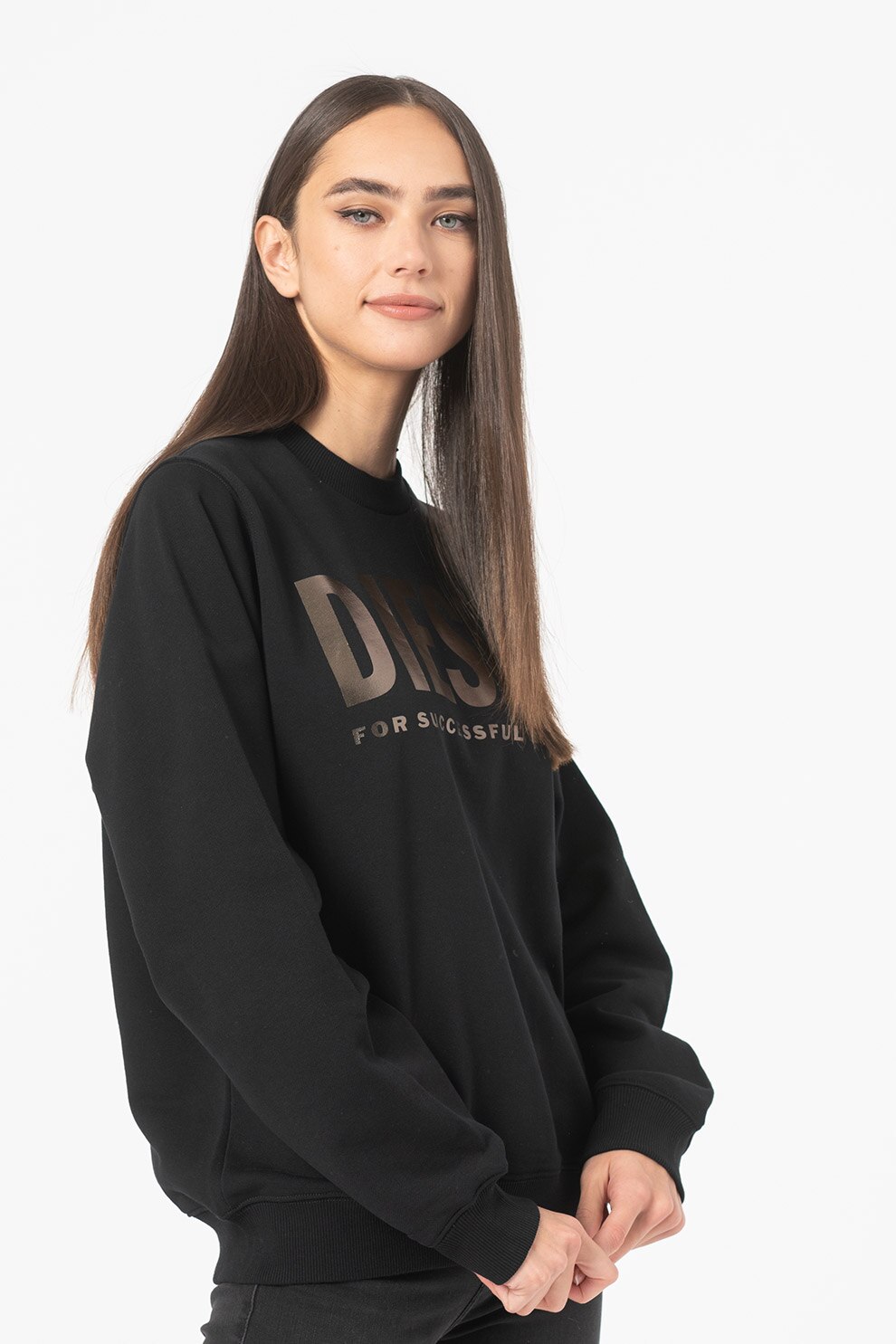 Diesel, Bluza sport lejera cu logo metalizat Ang Felpa, Negru/Maro bronz