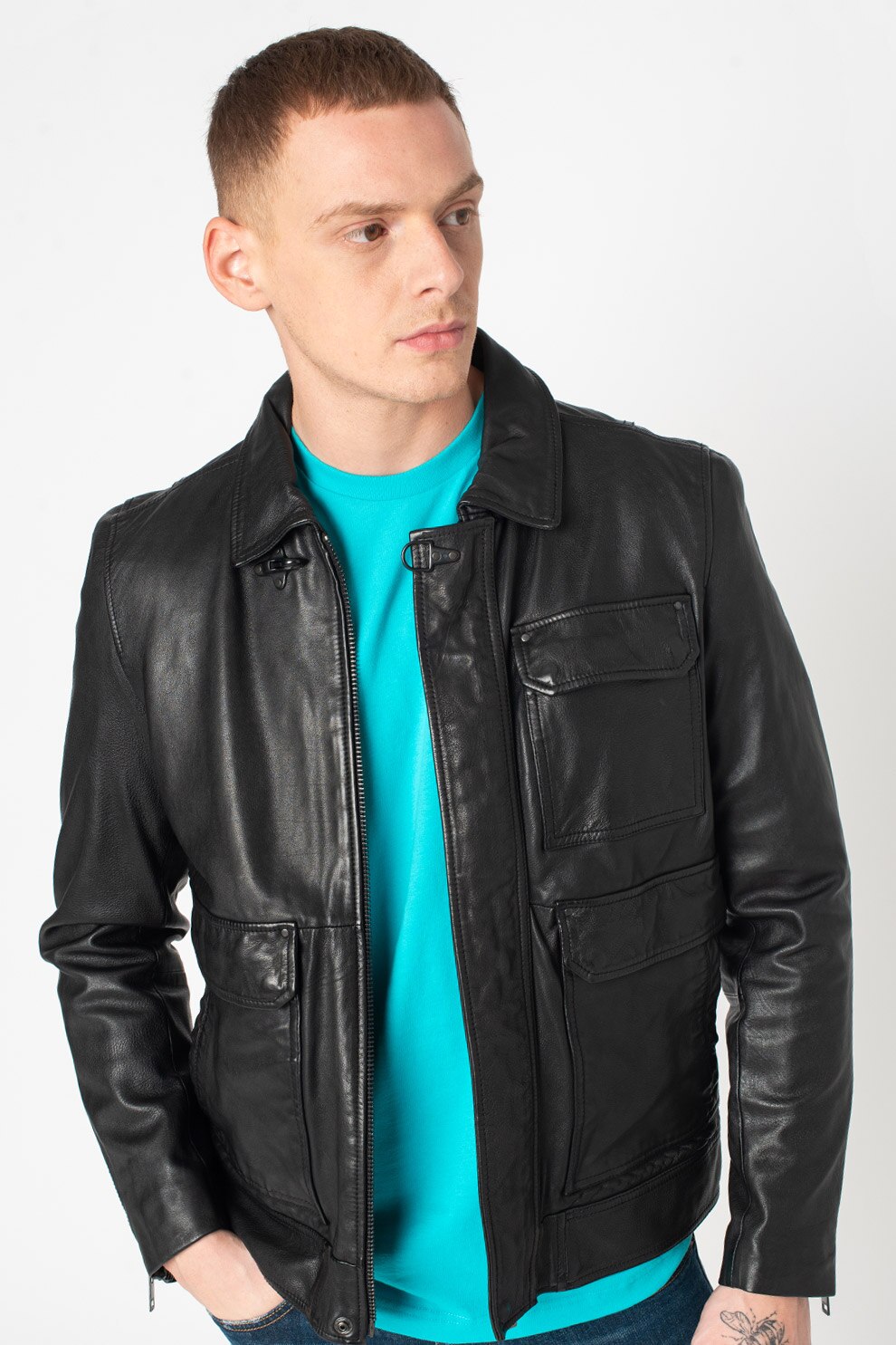 Diesel, Jacheta de piele cu buzunare cu clapa L-Luc, Negru, S