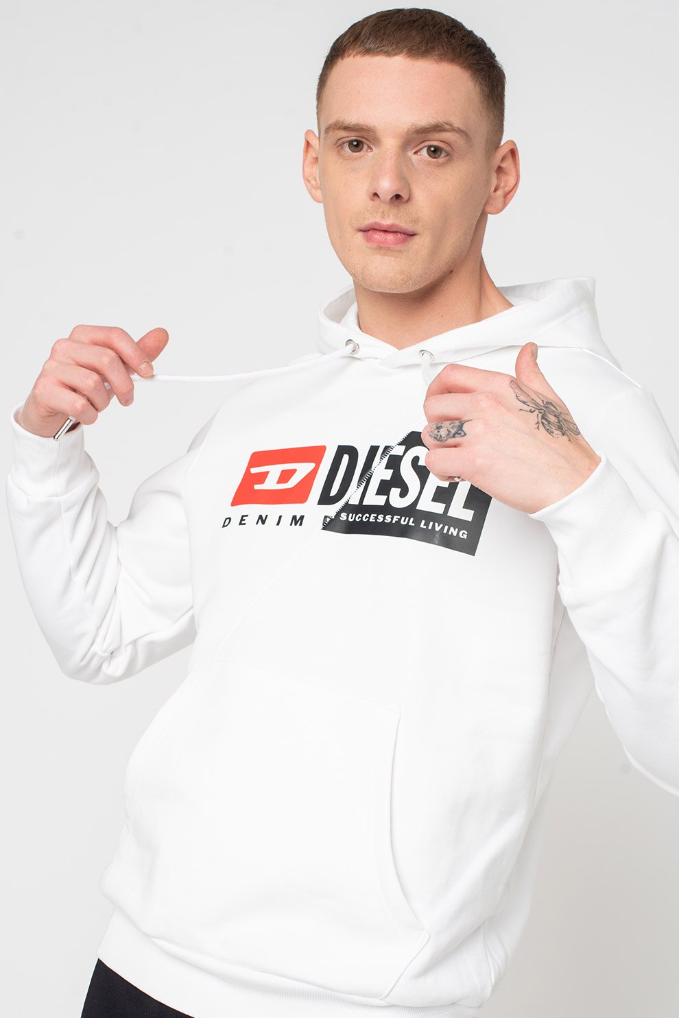 Diesel, Hanorac cu logo si snur S-Girk, Alb/Negru/Rosu