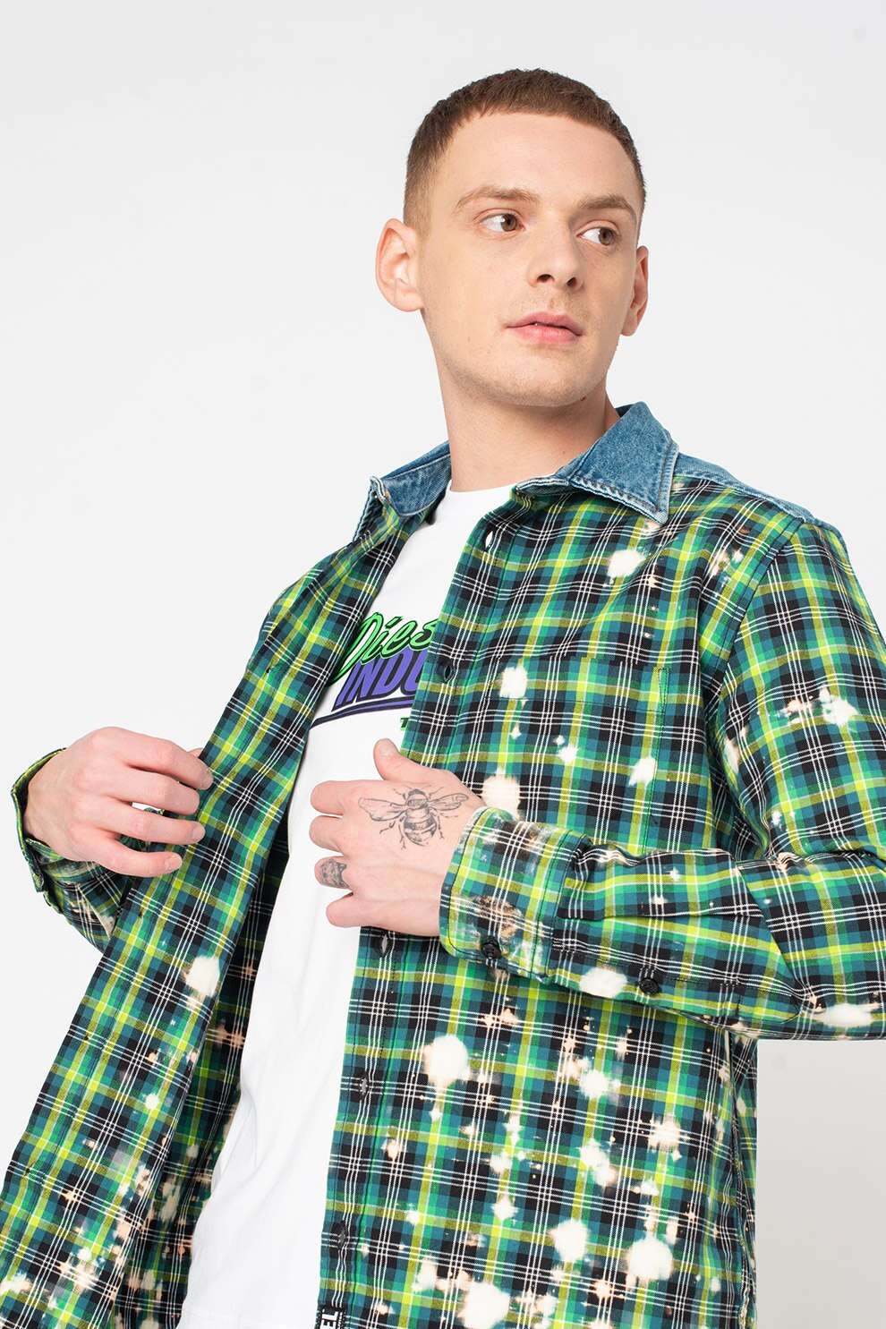 Diesel, Camasa cu model in carouri si pete decorative S-Moon, Verde/Albastru inchis