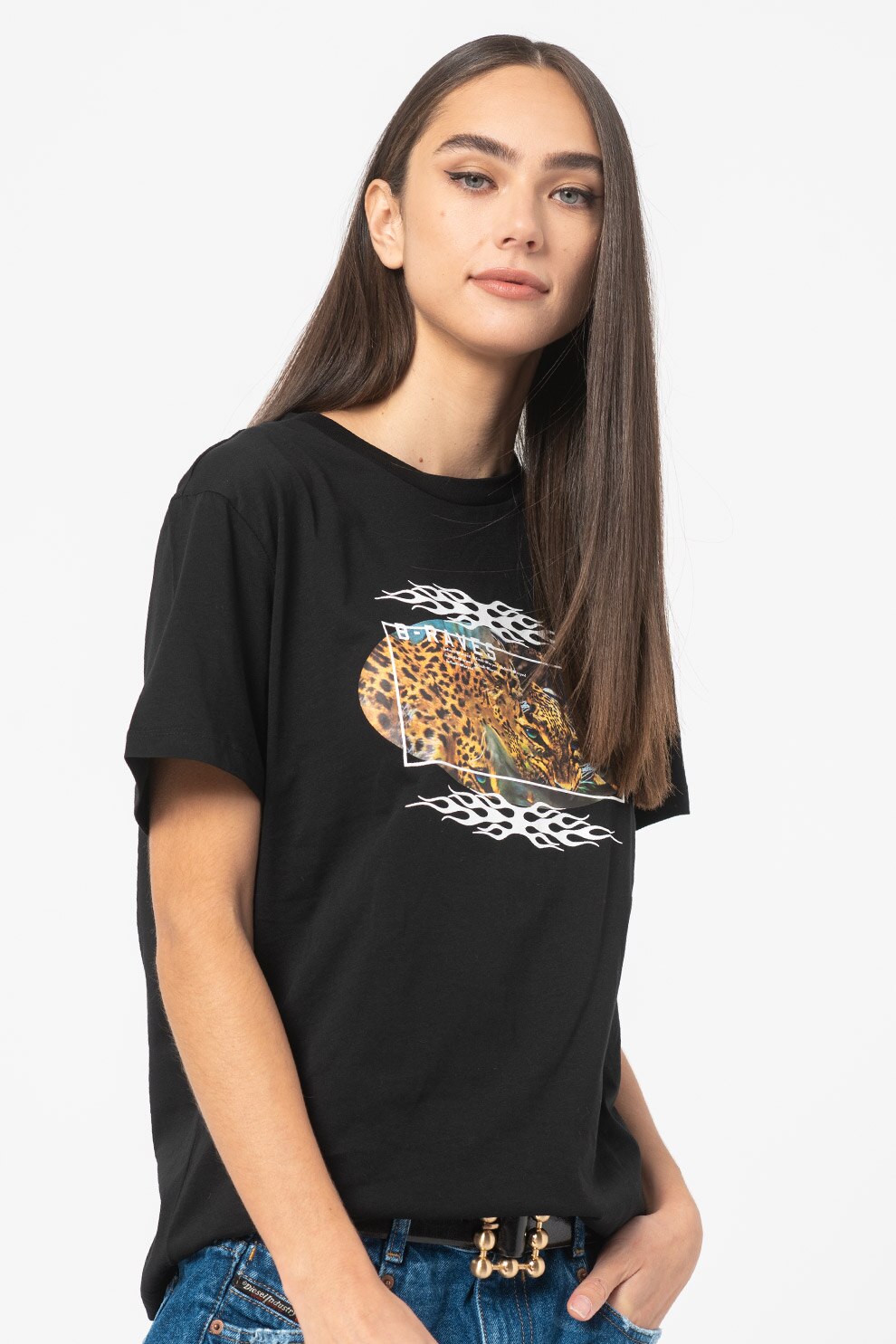 Diesel, Tricou de bumbac cu imprimeu grafic T-Daria, Negru/Alb/Maro