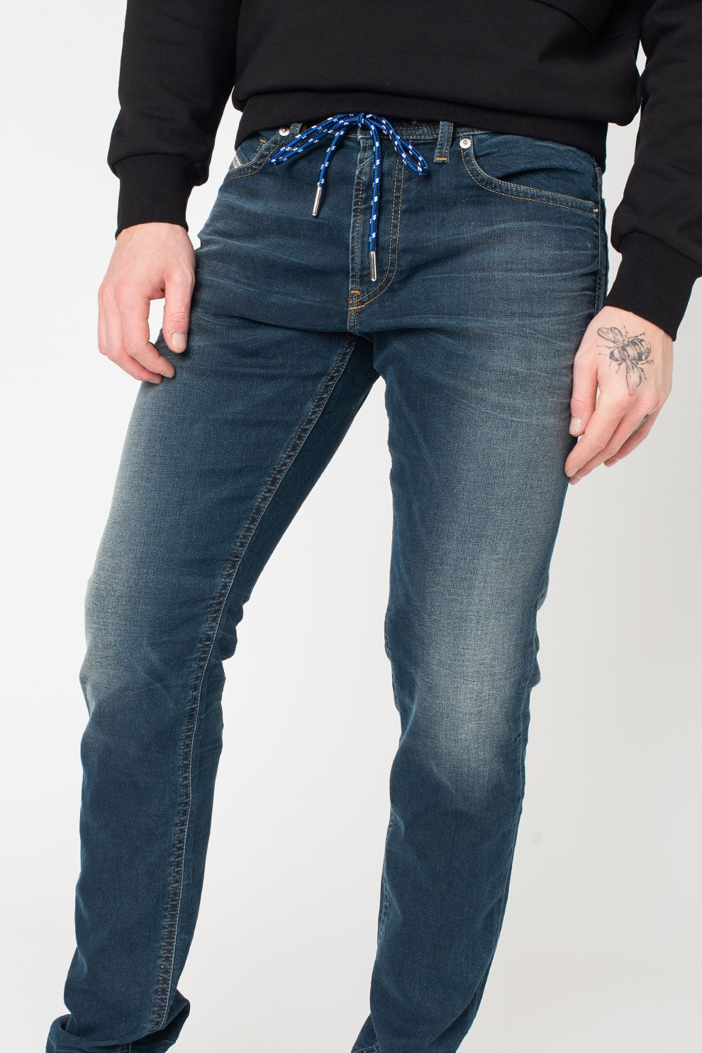 Diesel, Blugi slim fit cu aspect decolorat Thommer, Albastru inchis