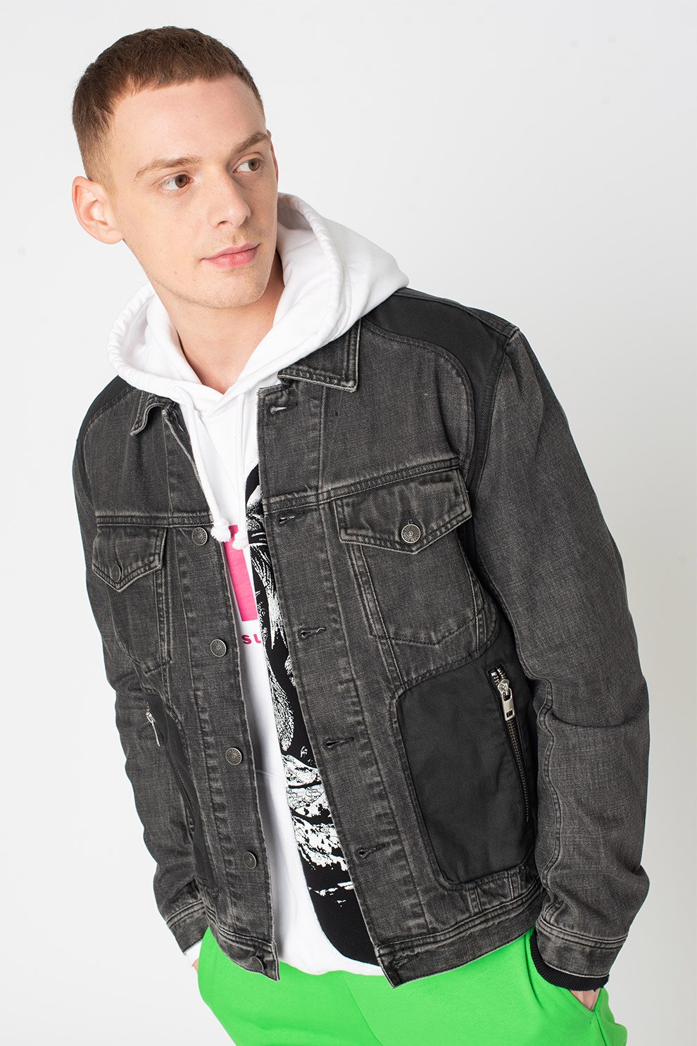 Diesel, Jacheta de denim cu detalii contrastante Rod, Negru stins