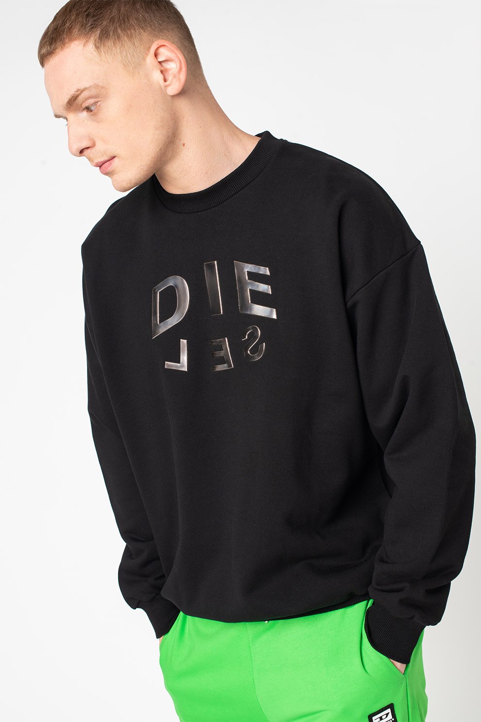 Diesel, Bluza sport de bumbac cu aplicatie logo Mart, Negru