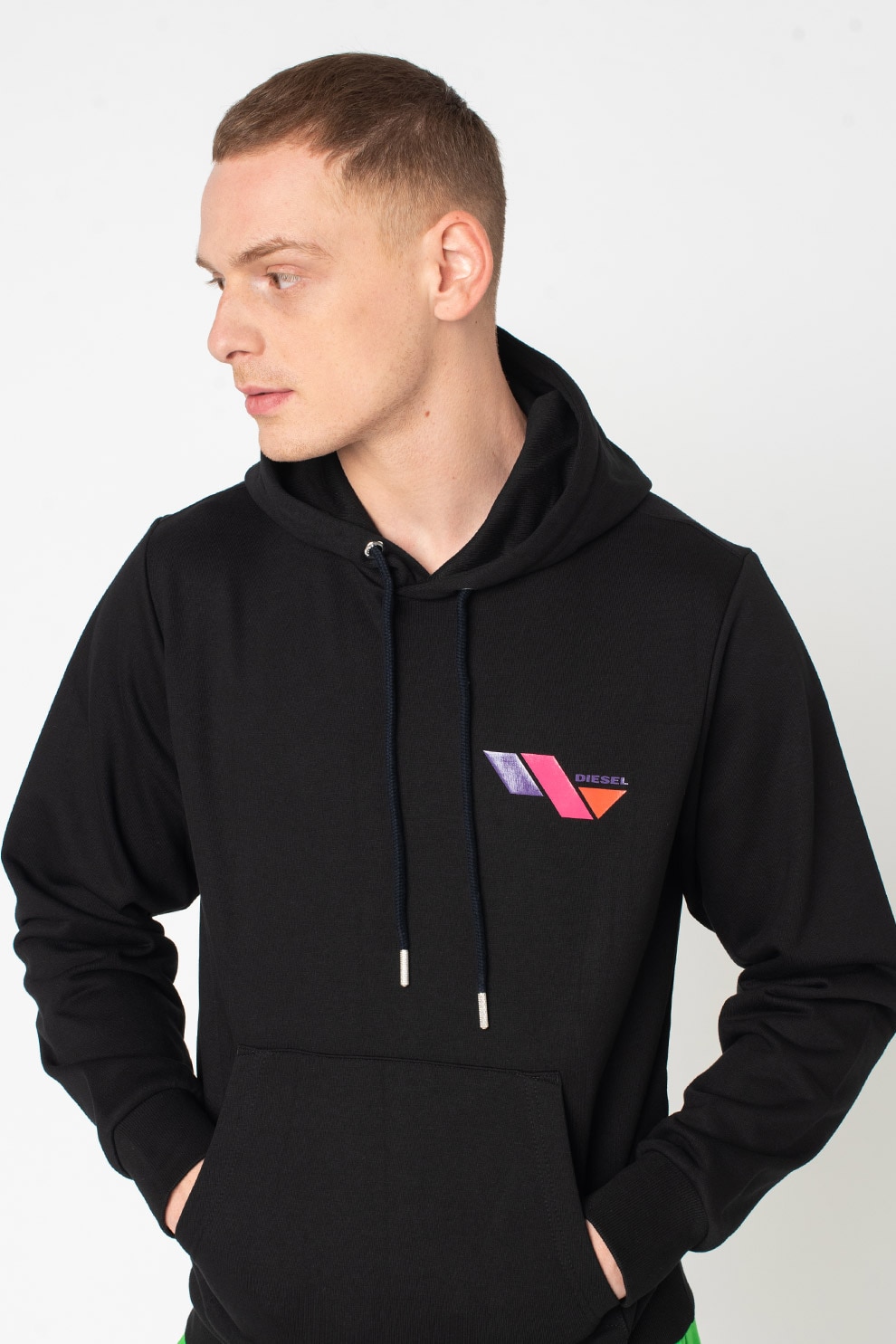Diesel, Hanorac cu snur si buzunar kangaroo Girk, Negru/Roz/Violet