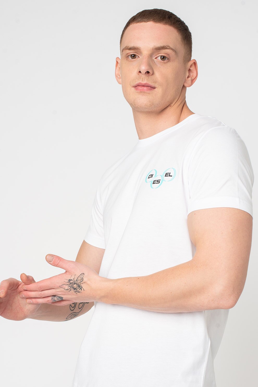 Diesel, Tricou slim fit Diegos, Alb/Negru/Turcoaz