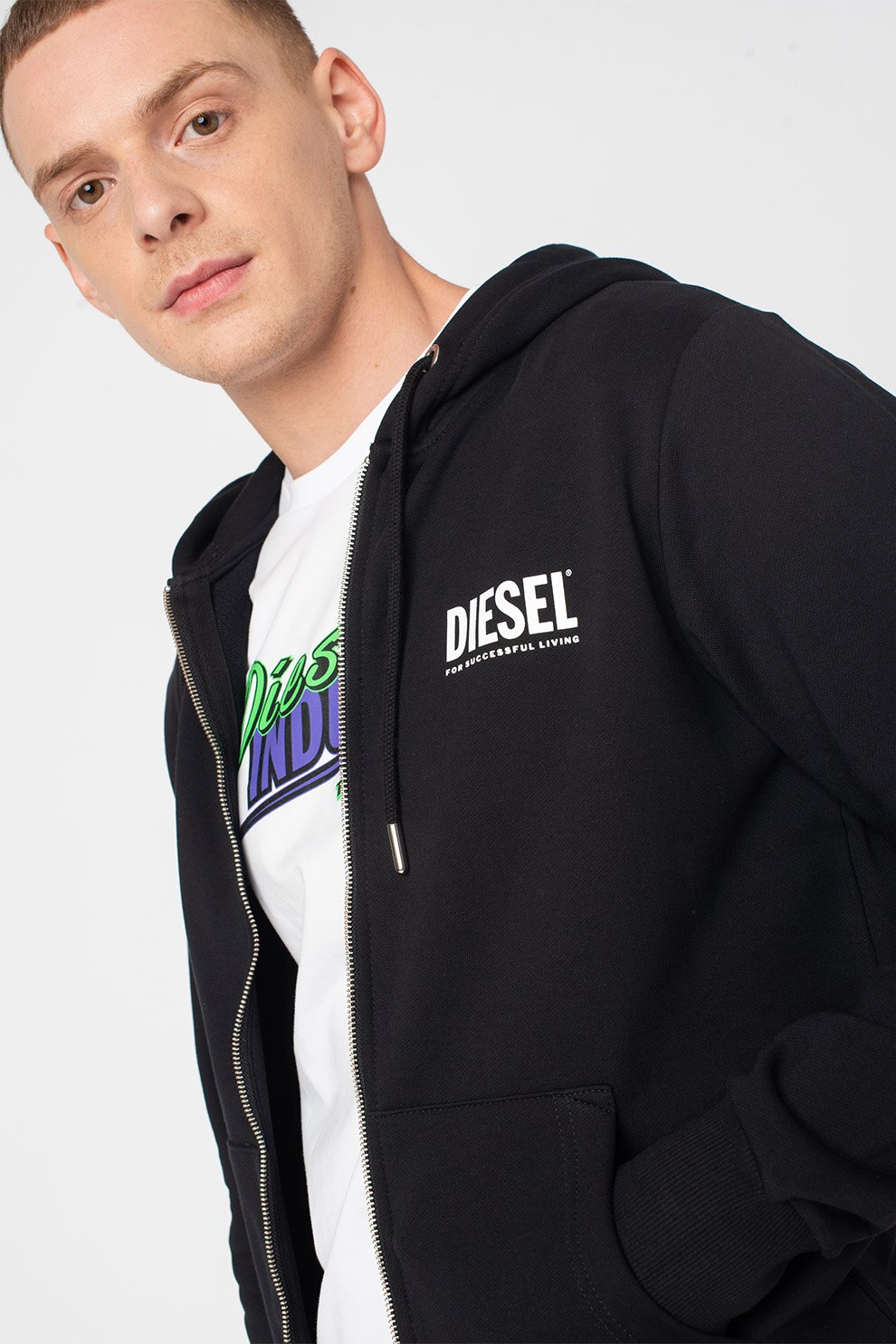 Diesel, Hanorac cu fermoar si logo, Negru
