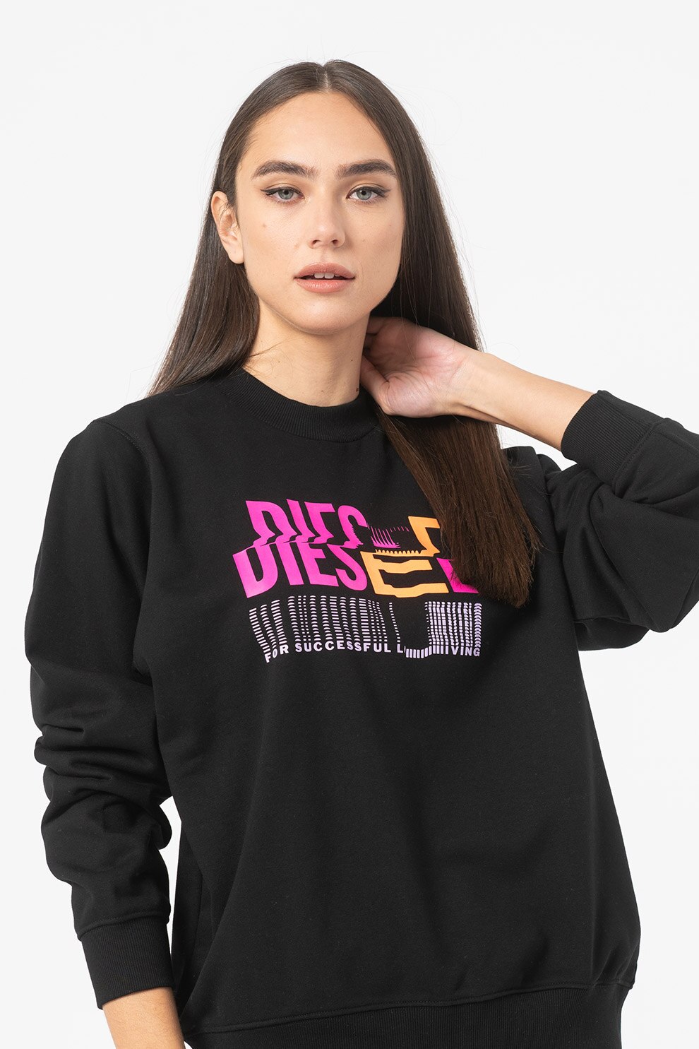 Diesel, Bluza sport cu decolteu la baza gatului si imprimeu logo, Negru/Fucsia/Violet