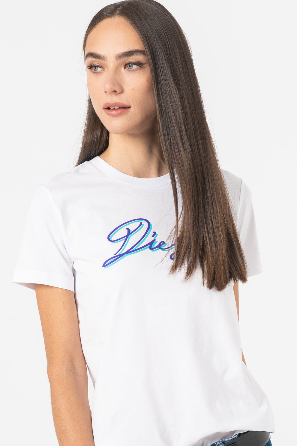 Diesel, Tricou cu decolteu la baza gatului si imprimeu logo, Alb/Turcoaz/Violet