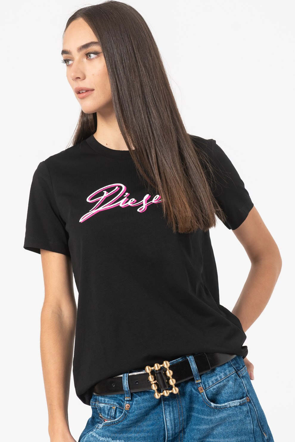 Diesel, Tricou cu decolteu la baza gatului si imprimeu logo, Negru/Alb/Fucsia