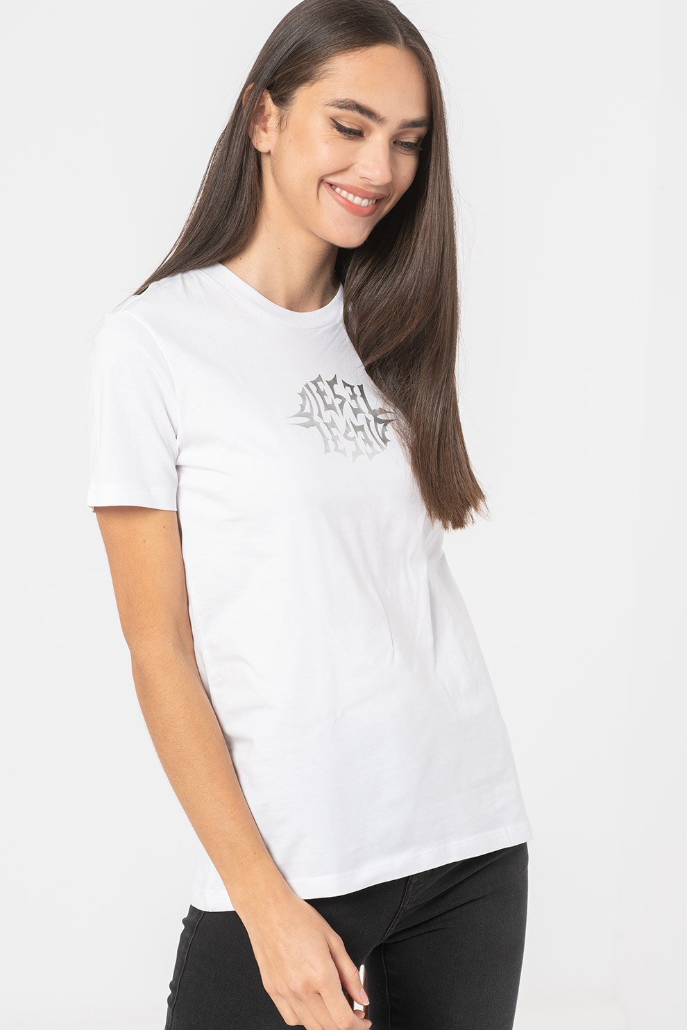 Diesel, Tricou slim fit Sily K9, Alb/Argintiu