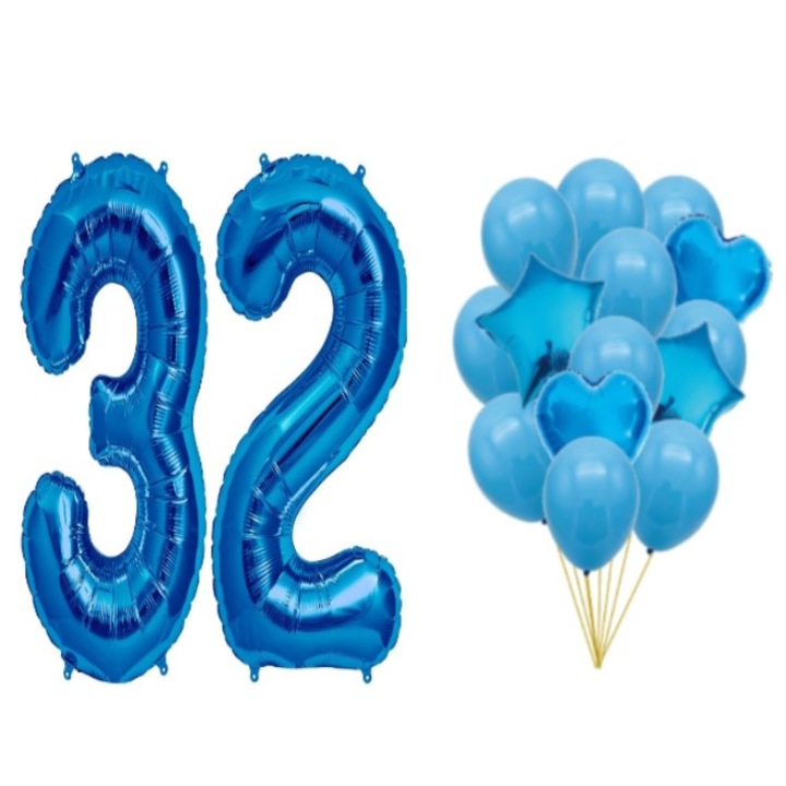 16 db kék DOMI PARTY & GIFTS lufi készlet, 32 éves évforduló, szám 98 cm, csillagok 45 cm, szívek 45 cm, latex 26 cm