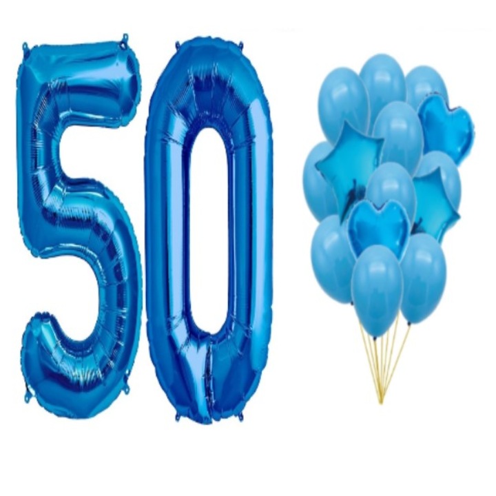 Set 16 baloane WOW albastre, aniversare 50 ani, cifra 100 cm, stele 45 cm, inimi 45 cm, latex 26 cm, Produs Petrecere Copii, Calitate Premium, WOW Shop