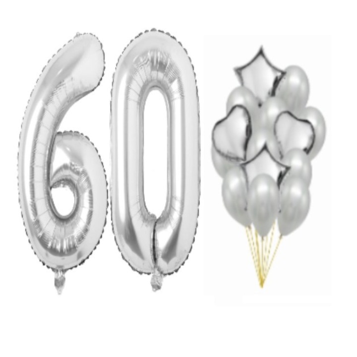 Set 16 baloane DOMI PARTY & GIFTS argintii, aniversare 60 ani, cifra 101 cm, stele 45 cm, inimi 45 cm, latex 26 cm