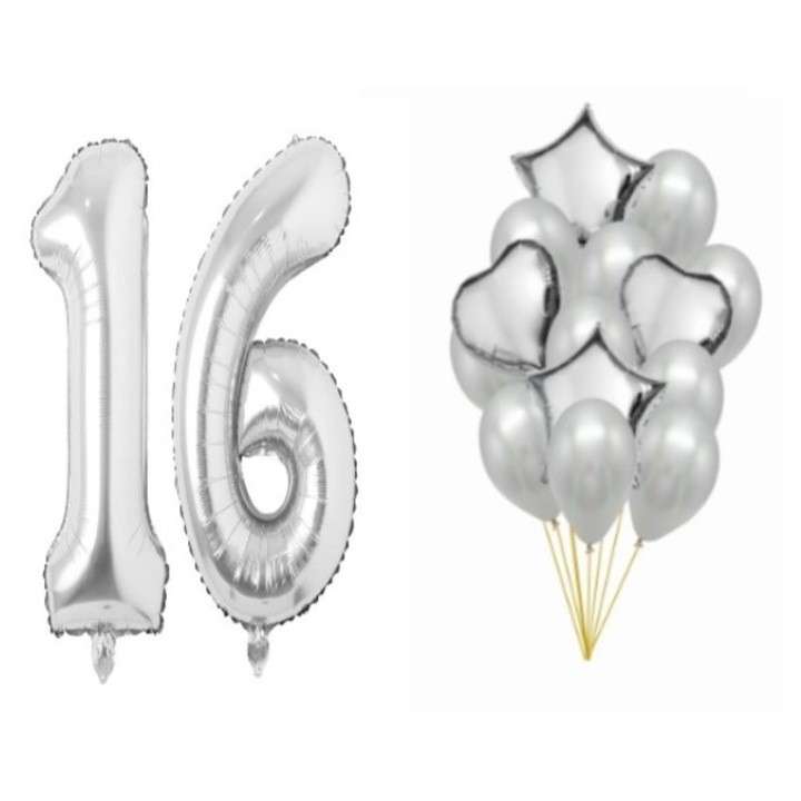 Set 16 baloane argintii, aniversare 16 ani, cifra 101 cm, stele 45 cm, inimi 45 cm, latex 26 cm